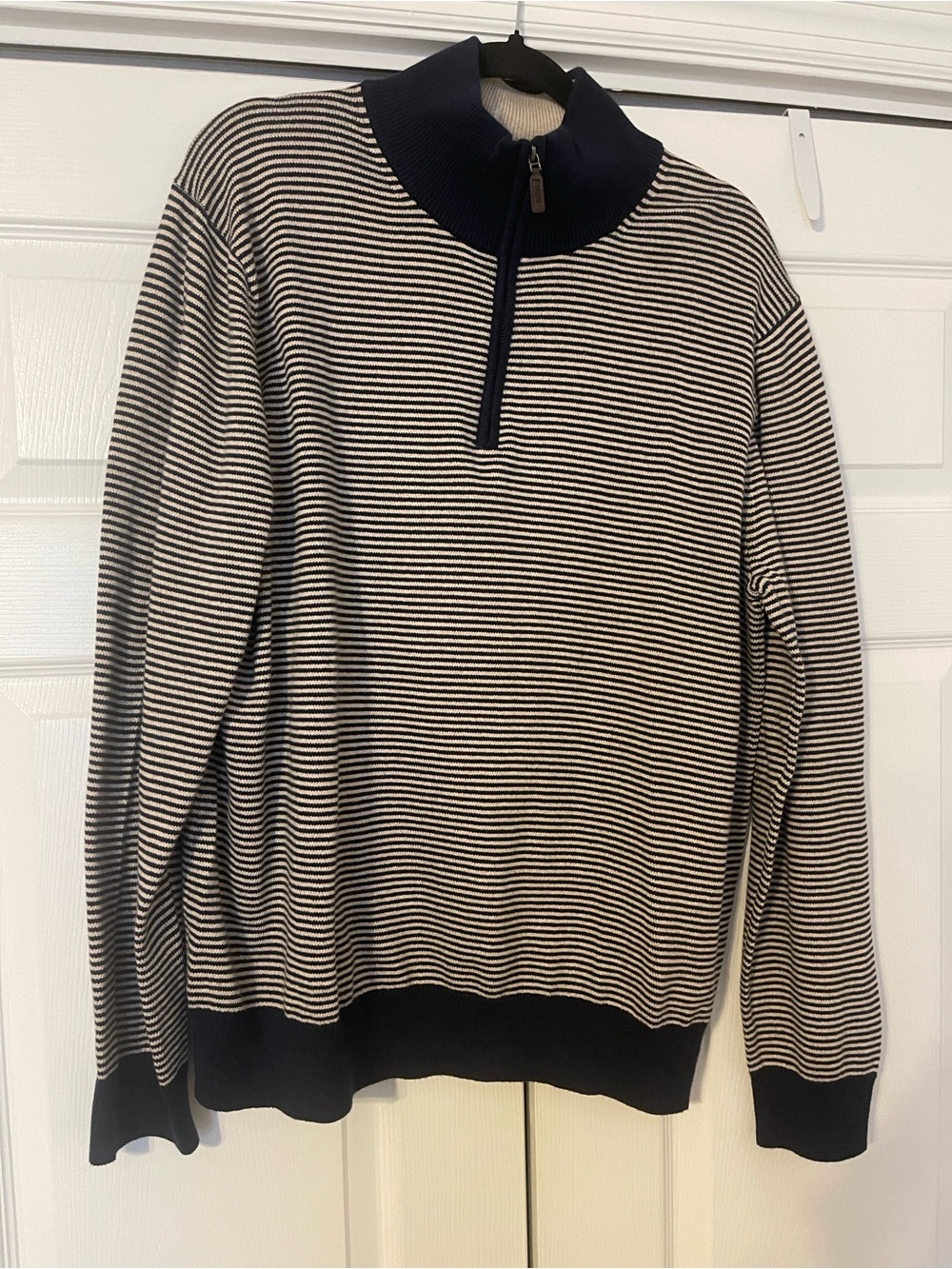 J. Crew Navy and Cream Striped Half-Zip Sweater